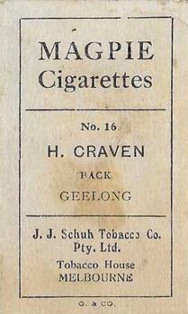 1921 J.J.Schuh Magpie Cigarettes Australian Footballers - Victorian League #16 Harold Craven Back